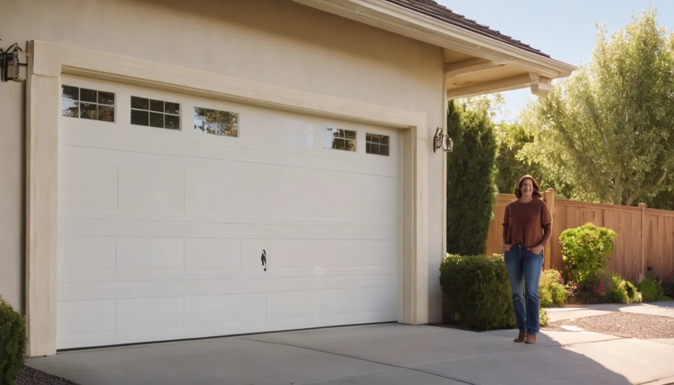 A friendly homeowner in West Covina talking with a garage door provider beside a stucco home